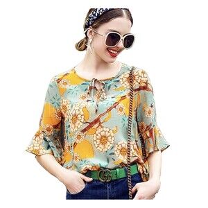 Lonyuash 100% Mulberry Silk Floral Sheer Flare Cutout Sleeves Front Tie Blouse S